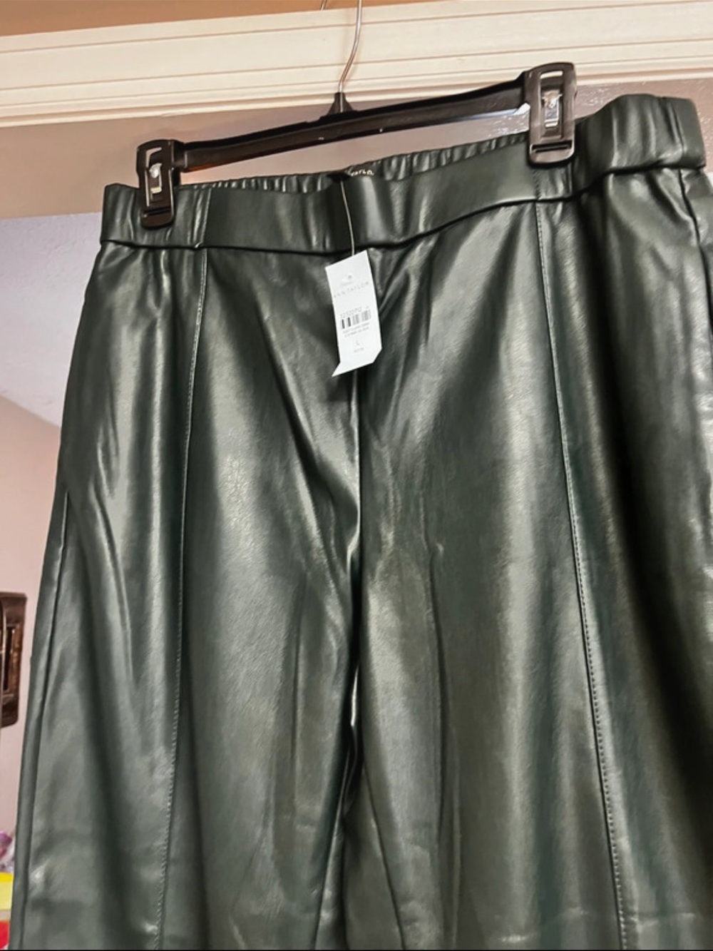 Ann Taylor Petite Dark Green Faux Leather Pants with Elastic Waist